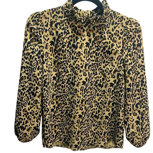 J.Crew Long Sleeve Ruffle Neck Blouse Top Leopard Animal Print Keyhole Sz XS - Picture 2 of 5